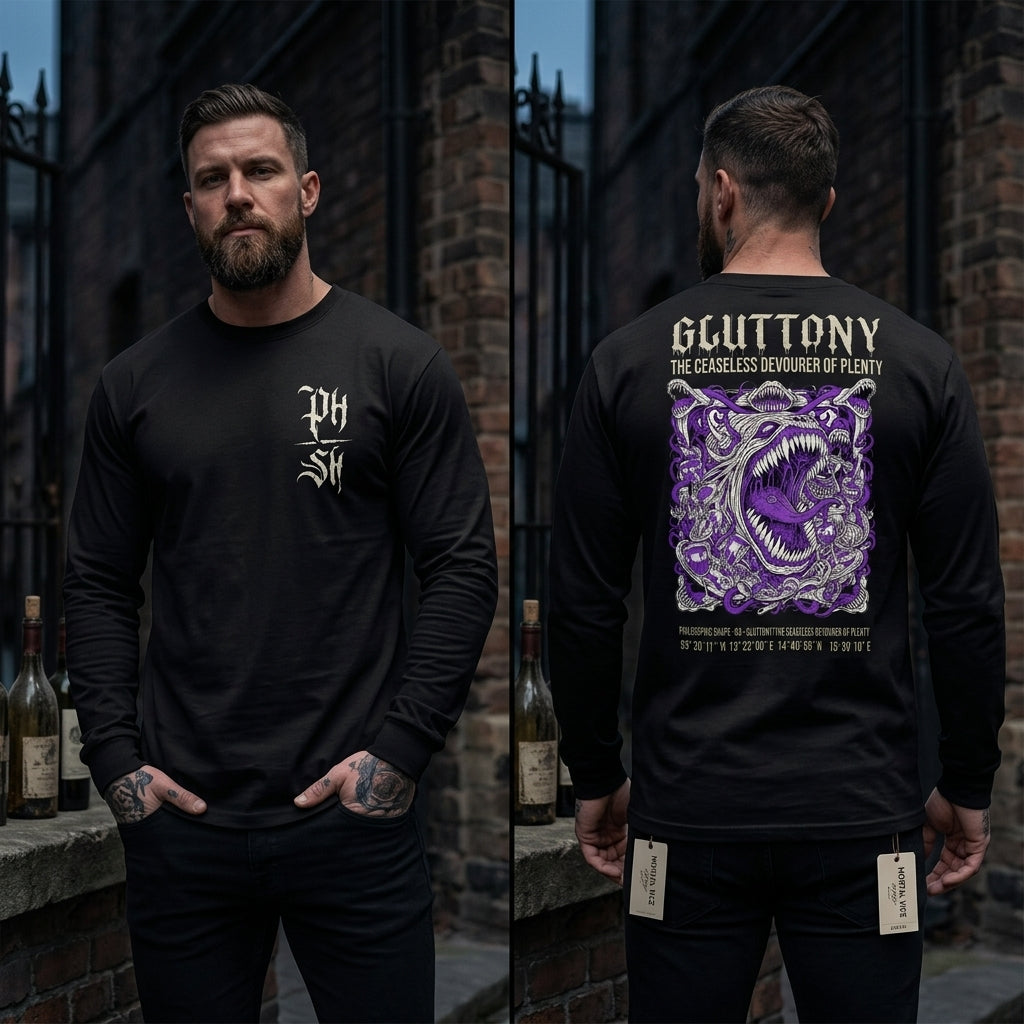 Unisex Garment Dye Heavyweight Long Sleeve Tee – "Gluttony: The Ceaseless Devourer of Plenty"