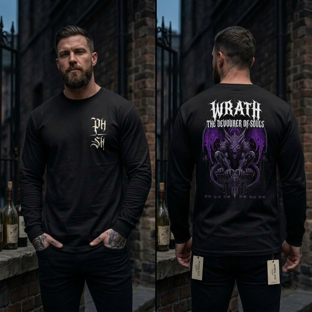 Unisex Heavyweight Garment-Dyed Long Sleeve Tee – "Wrath: The Devourer of Souls"